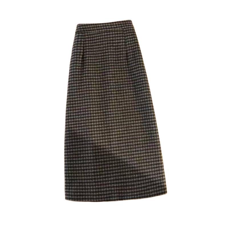 Plaid Tweed High Waist Midi Skirt - Korean Style, Thickened, Warm, Elastic, with Slit.