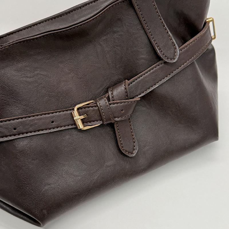 Yogodlns or Daily Commute Shopping Minimalist Vintage Glossy Tote Bag Belt Detail Large Capacity Zipper PU Water Resistant Shoulder Bag
