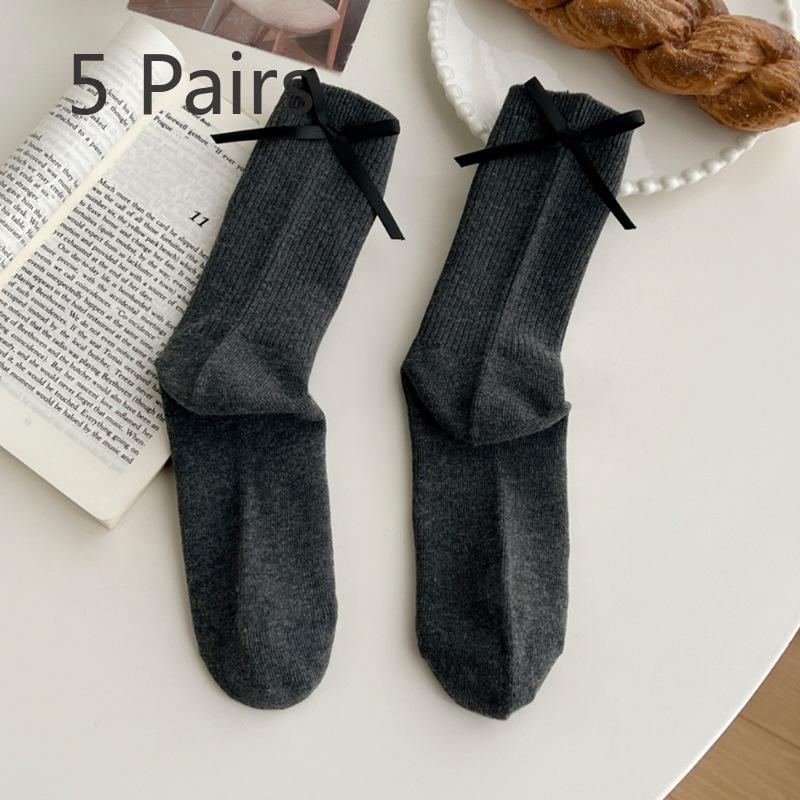 5 Pairs of Women's Bow Tie Versatile Mid Calf Stacking Socks