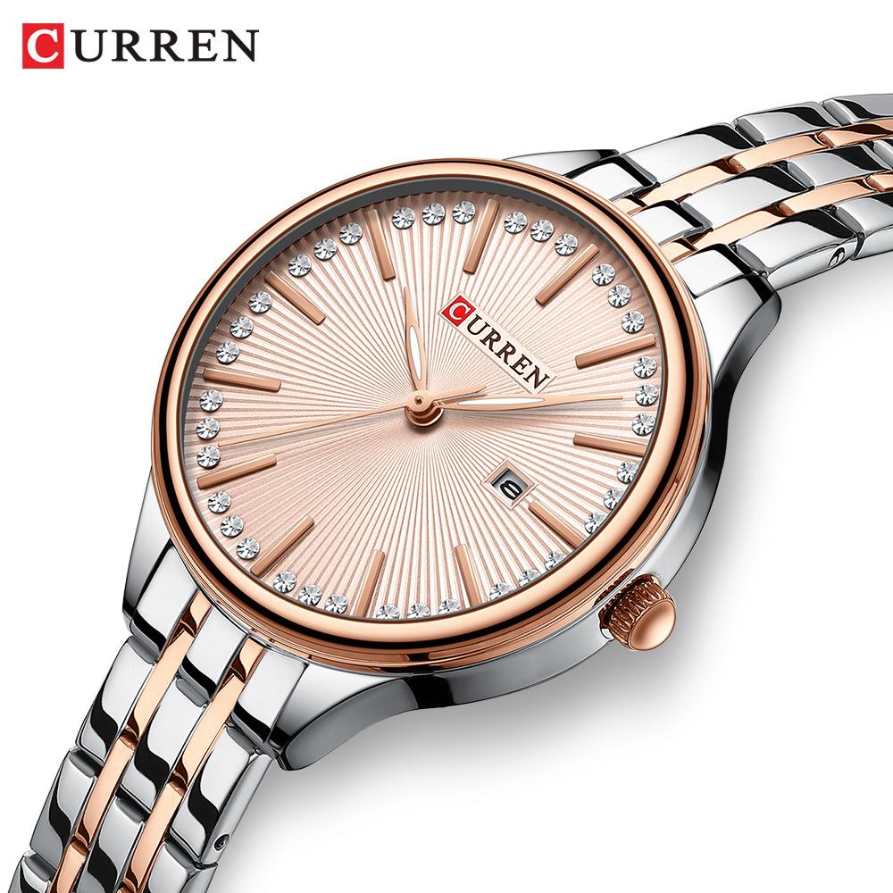 CURREN-Ladies' Luxury Rhinestone Inlaid Fashionable Business Quartz Watch Stainless Steel Simple Waterproof Luminous Calendar Watch