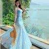 Blue Floral Suspender Dress Women's Summer Seaside Vacation Beautiful Slim Fit Pure Desire Fishtail Hip Wrap Dress
