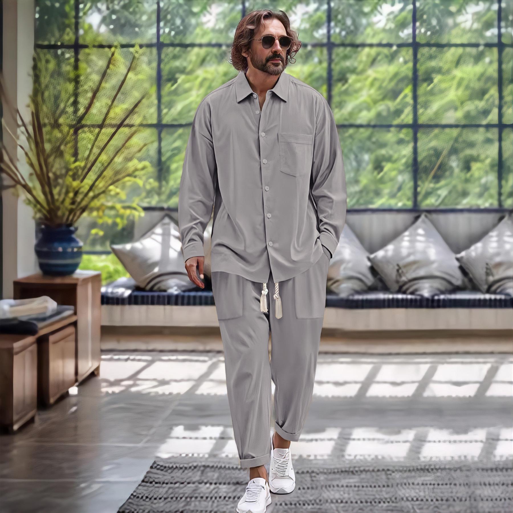 2026 Euro-American Fashion Men s Cotton Linen Shirt & Pants Autumn Sports Casual Set S серый