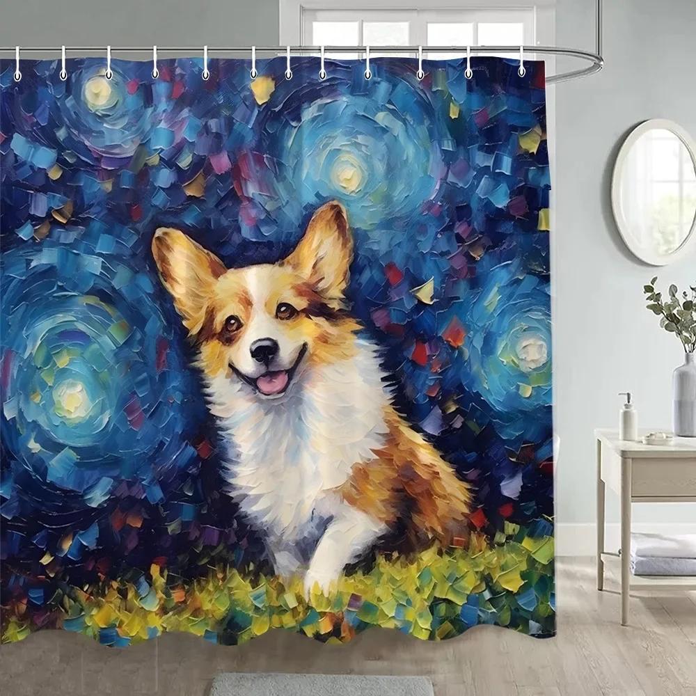 Cute Dog Shower Curtains Funny Animal Starry Sky Oil Painting Art Modern Polyester Fabric Bathroom Curtain Decorative With Hooks