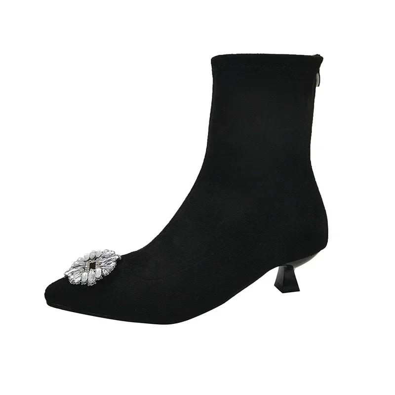 2025 Vânzări Fierbinți Botine Noi de Damă cu Toc Mediu, Pantofi de Iarnă Negri cu Vârf Ascuțit, Botine cu Strasuri, Pantofi Formale pentru Femei