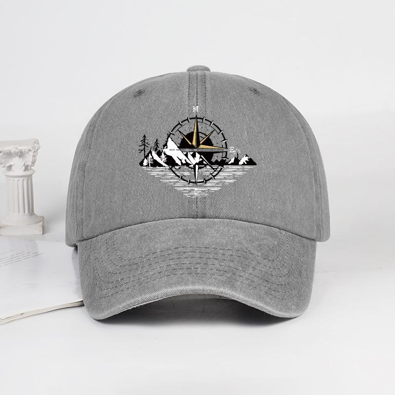 Compass Mountain Print Washed Baseball Cap Adjustable Unisex Vintage Outdoor Hiking Sun Hat