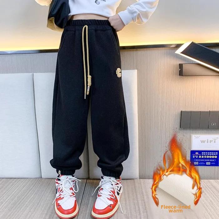 

Детские утолщенные однотонные спортивные штаны с флисовой подкладкой, свободного кроя, зимние теплые детские штаны для девочек 160cm чёрный