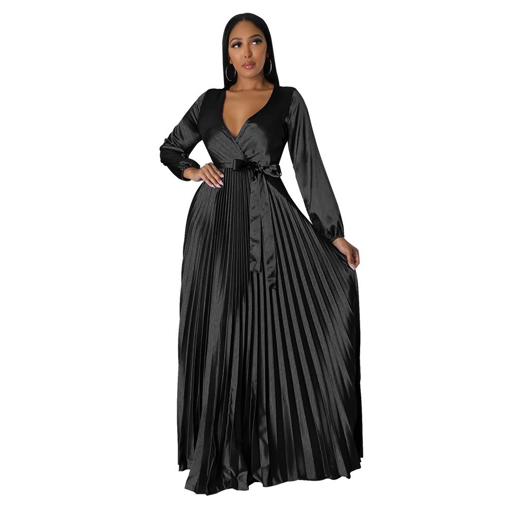 Autumn Winter New Women's V-Neck Lantern Sleeve Tie-Waist Pleated Dress Long Satin Gown Pleated Dress Long Skirt