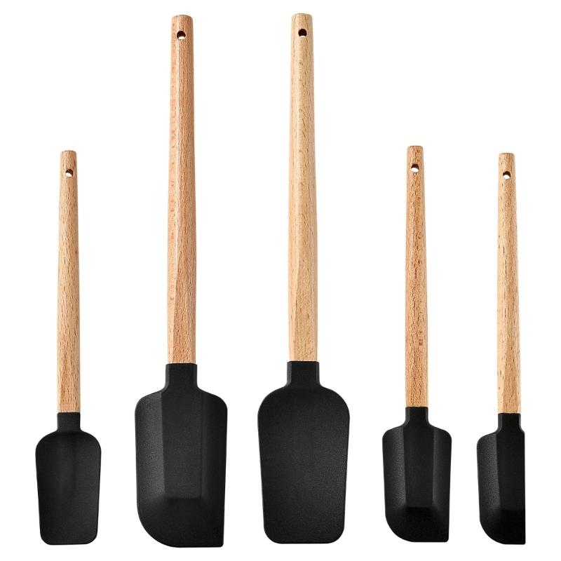 5PCS Kitchen Silicone Spatulas Set Ergonomic Wooden Handle Nonstick Cooking Utensils for Butter Mixing Jar Scraping 1