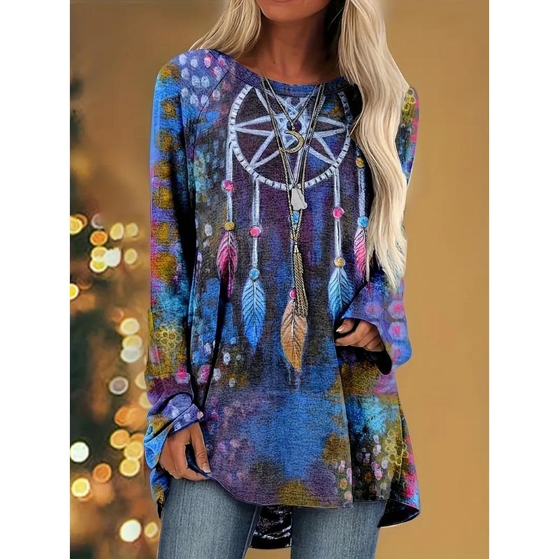 Retro Women's Long-Sleeve T-Shirt Western Ethnic Floral Round Neck T-Shirt Top 2025 Fall OverSize Women's Clothing