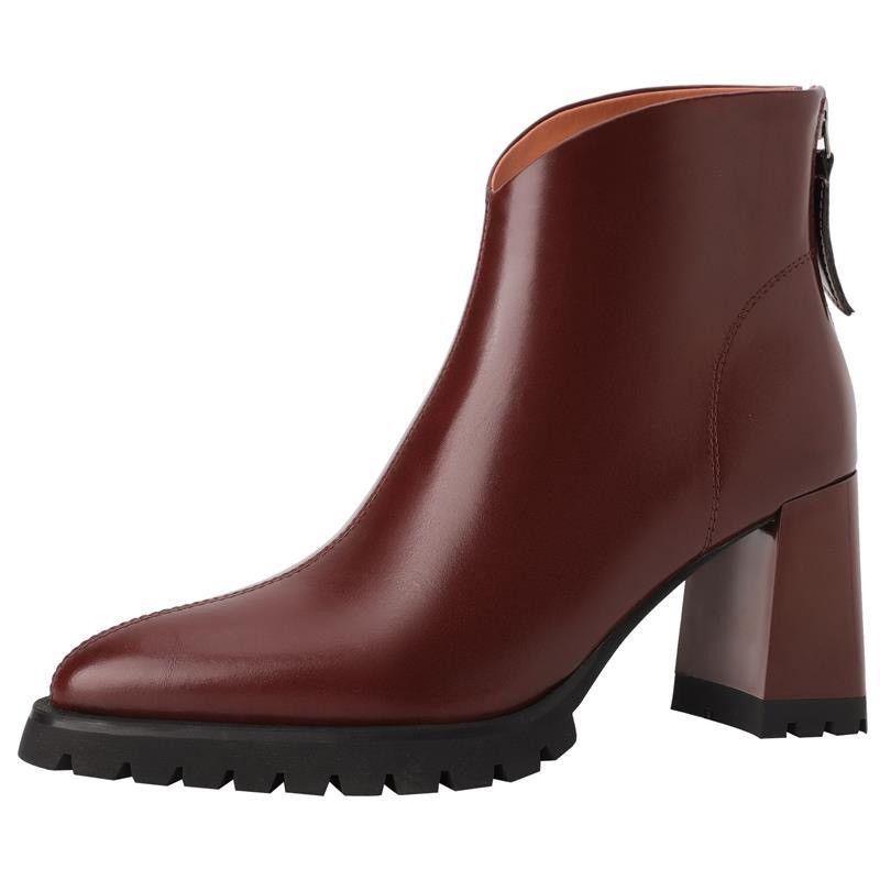 French Retro Pointed Toe Chunky Heel Ankle Boots for Women - Soft Leather, Thick Sole, Nude High Heel, Short Shaft, Autumn Style.