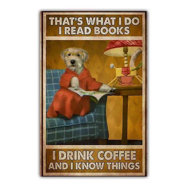 Retro art animal canvas painting lovely dog reading poster slogan wall painting living room bedroom home decoration mural No Frame