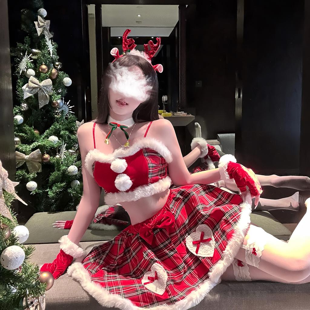 Erotic Lingerie, Pure Desire, Elk Christmas Dress, Fluffy Lace Plaid Skirt, Splicing, Embellishment, Slim Bandeau Skirt