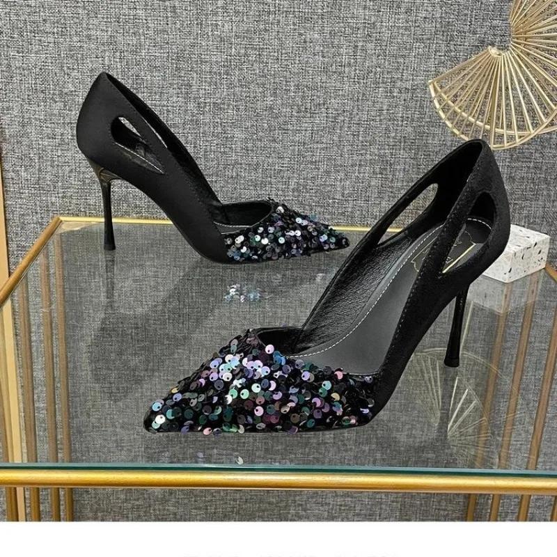 Fashion Rhinestone Sequins Banquet High-heeled Shoes Women Black Temperament Hollow Shallow Mouth Pointed Fine Heel Zapatos De Mujer
