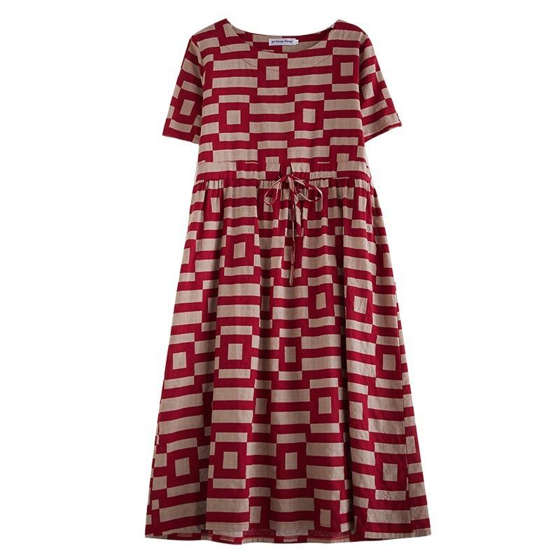 Real Shot Summer New Cotton and Linen Literary and Retro Ethnic Style Waist Thin Short-sleeved Dress Women