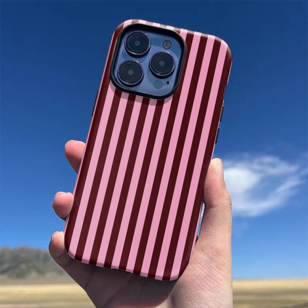 Pink Striped Lines Simple Stylish Two-in-One Protective Case, Durable Shockproof Cover for iPhone 17 16 15 14 13 12 11 Plus Pro Max, 1pc