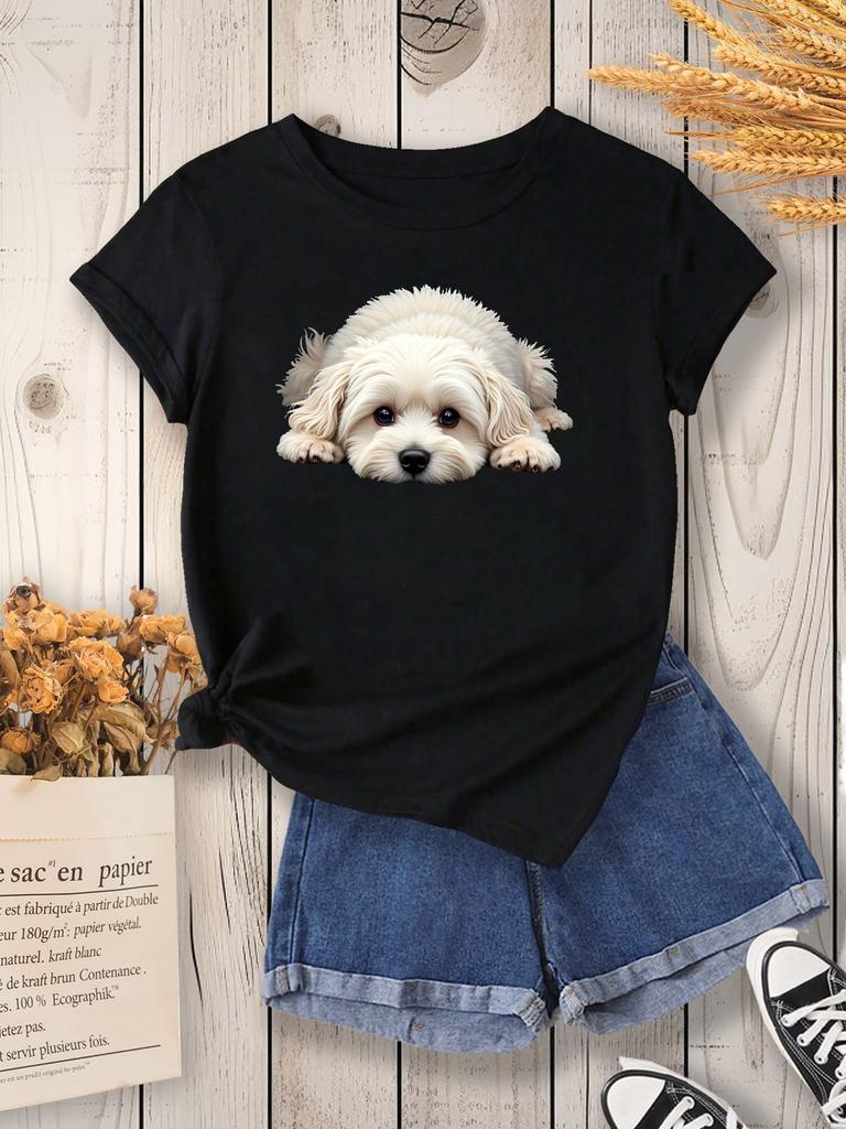 T-shirt Casual da Donna con Girocollo e Maniche - Stampa Cane Maltese Carino Verde Vivace Media Elasticità Maniche Harajuku Casual da Donna