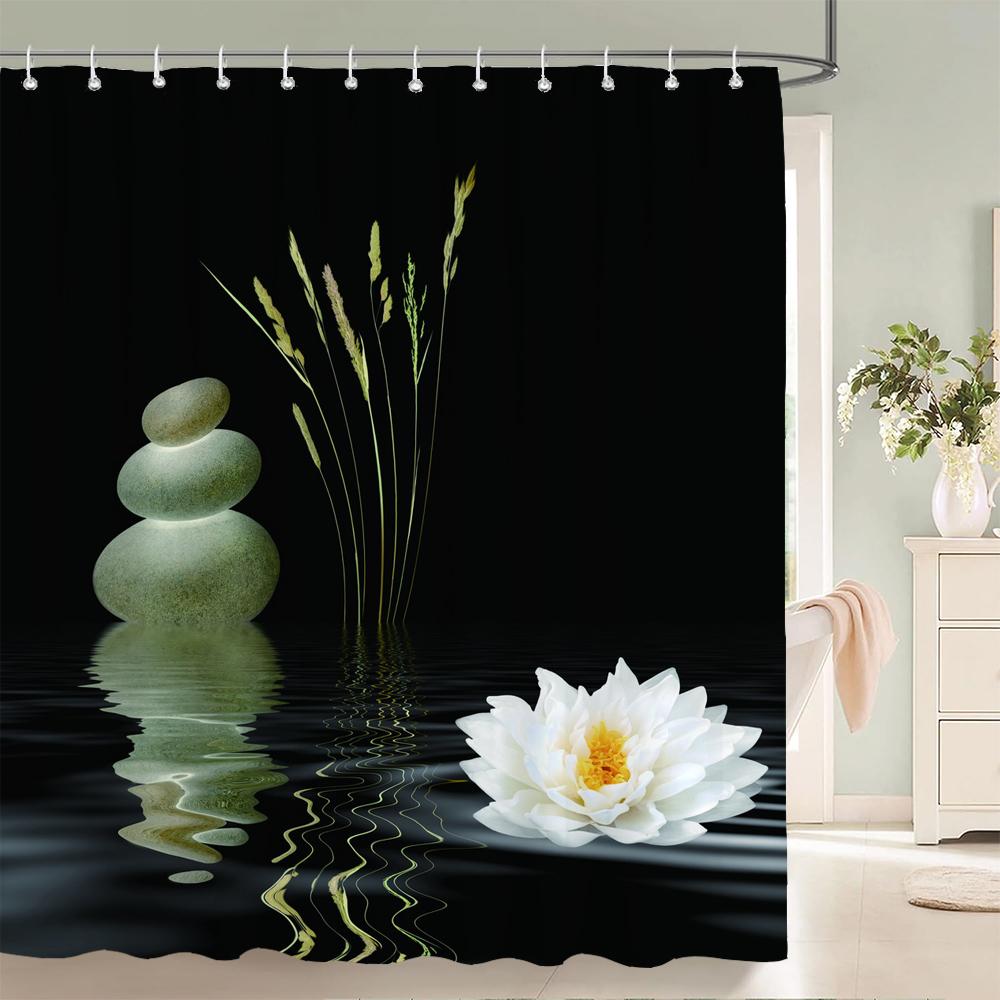3D Flower Bamboo Pebble Water Green Plant Shower Curtain Waterproof Polyester Curtain Home Decoration Shower Curtain Zen Curtain