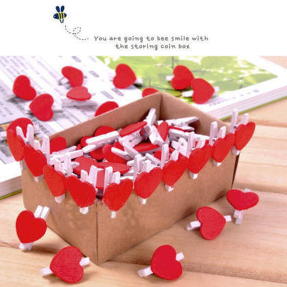 50Pcs Wooden Heart Pegs Clip Stylish Red Love Heartphoto Paper Clips Wedding Decoration Craft