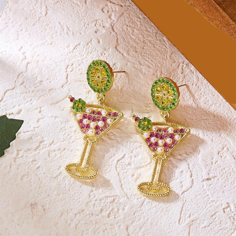 Stylish Wine Glass Earrings Featuring Lemon Charm And Crystals For Women Girls