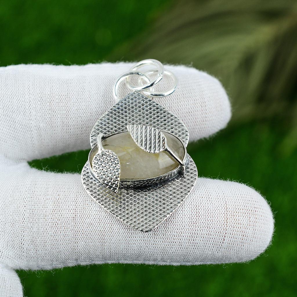 Gift For Her 925 Sterling Silver Natural Golden Rutile Gemstone Jewelry Pendant