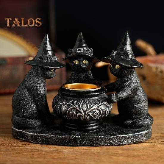 Black Cat Candle Holder Resin Halloween Cats with Witch Hats Candle Holder Vintage Candle Holder Tabletop Decoration Gift for Cat Lovers