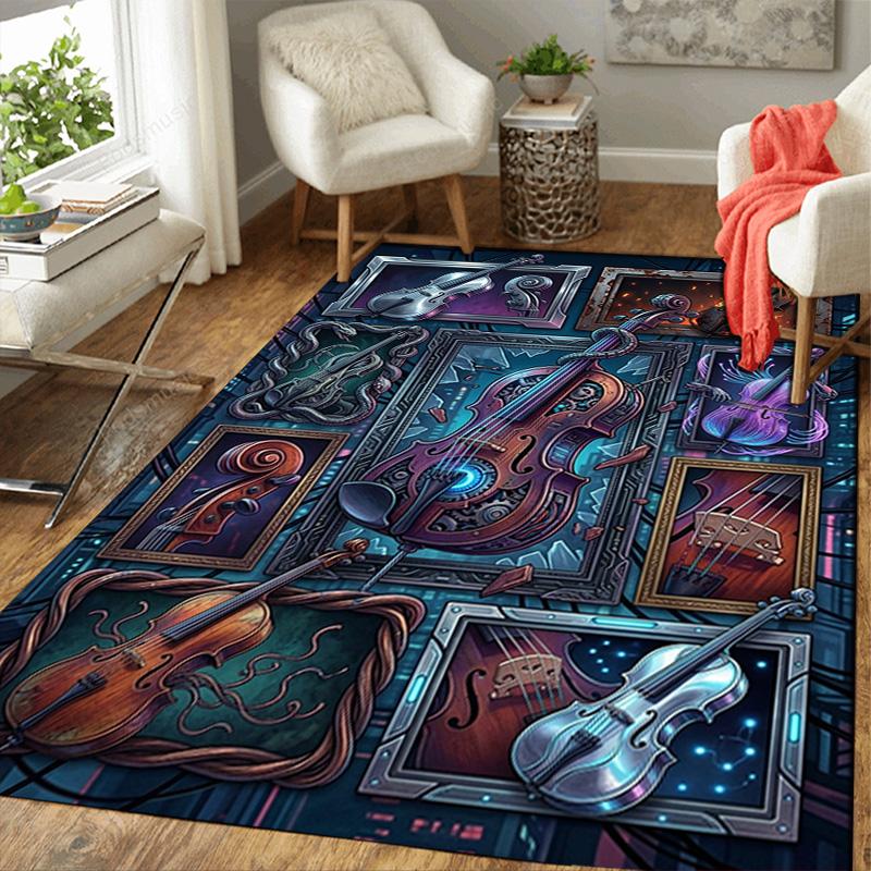 Steampunk Violin Variations Pattern Rug Floor Mat for Living Room or Bedroom Soft and Comfortable Carpet a Gift for Birthday and Holiday.