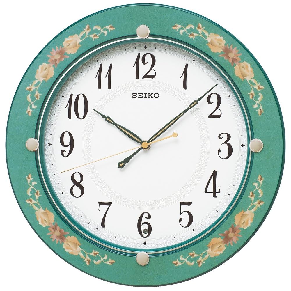 Seiko Clock Wall Clock, Radio Controlled, Analog, Wooden Frame, Green Floral Pattern, KX220M
