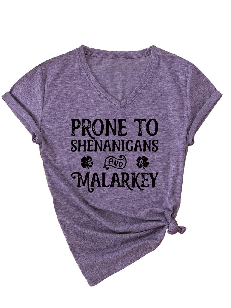 Fashionable and Versatile Prone To Shenanigans Printed Top V-neck Short Sleeved Women's T-shirts