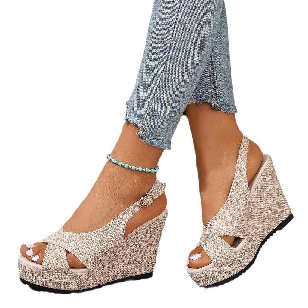Thick-soled Wedge Sandals Women's  Large-size Denim Cross-buckle One-word with Cool Slippers Women