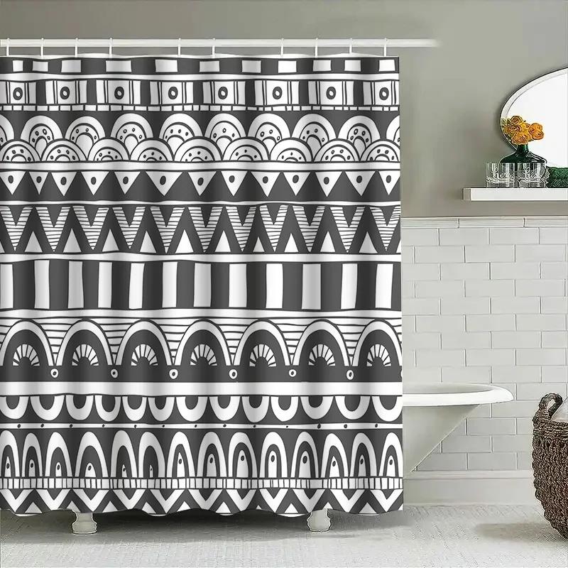 Modern Geometric Bathroom Shower Curtain Black White Striped Decorative Waterproof Fabric For Bathrooms Size 72X84 Inches