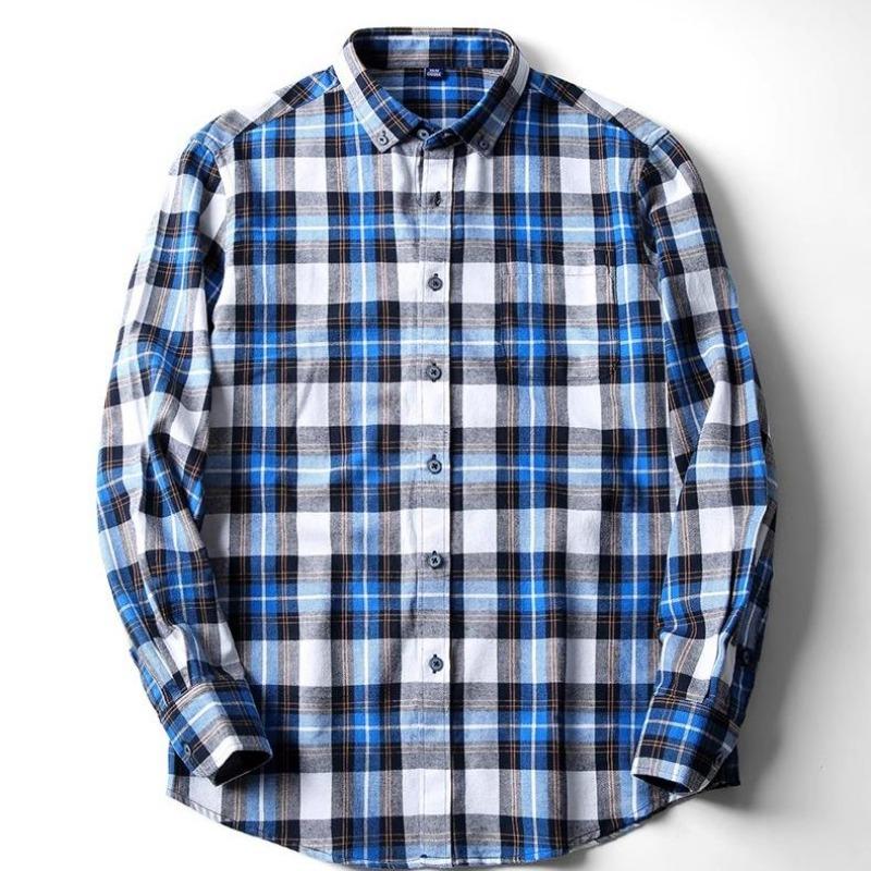 Men's Plaid Shirt - Pure Cotton Flannel, Long-Sleeved, Button Collar, Soft, Warm, Casual