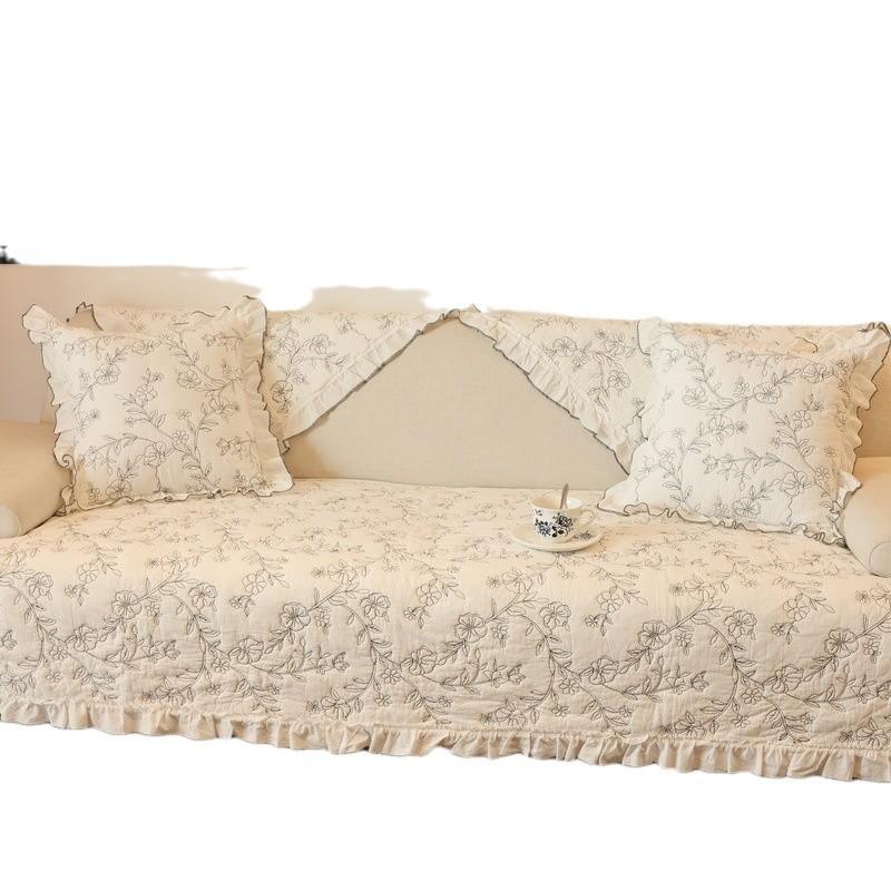 French Retro Cotton Sofa Cushion, Advanced Embroidery, All-Season Non-Slip Seat Cushion Cover, All-Inclusive Universal Cover Cloth Towel Cover