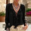 Women's Color V-Neck Ruffle Tie Long Sleeve Blouse Loose Fit Casual Top for Everyday Wear