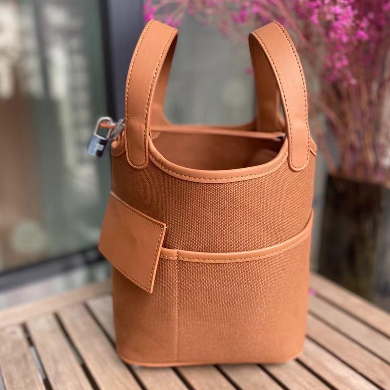 Foreign trade new vegetable basket bag swift cowhide with canvas splicing bucket bag fashionable casual hand bag