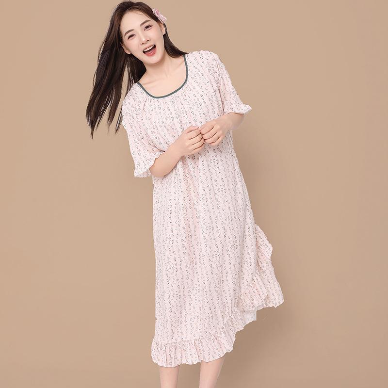 1011 spring and summer new oil painting style nightdress women's cotton and silk loose large size ruffle edge short-sleeved loungewear dress