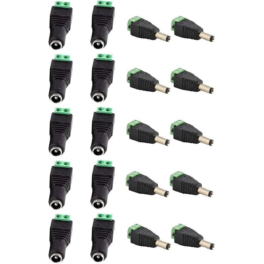 JacobsParts Male DC Barrel Power Plug Screw-on Wire Connector 5.5mm x 2.1mm for 12V/24V LED Strip and Electronics (10 Pack)