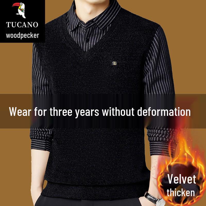 Woodpecker Men's Fleece-Lined Two-Piece Chenille Sweater with Shirt Collar