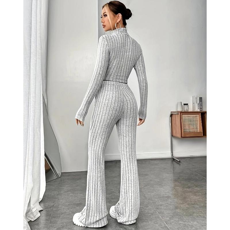 Toamnă Nou Set de pantaloni tricotați cu mânecă lungă Femei Casual Solid Stand Pantaloni largi din două piese Costume Femei Tricoturi Moda elegantă Seturi de femei 2 piese 24706