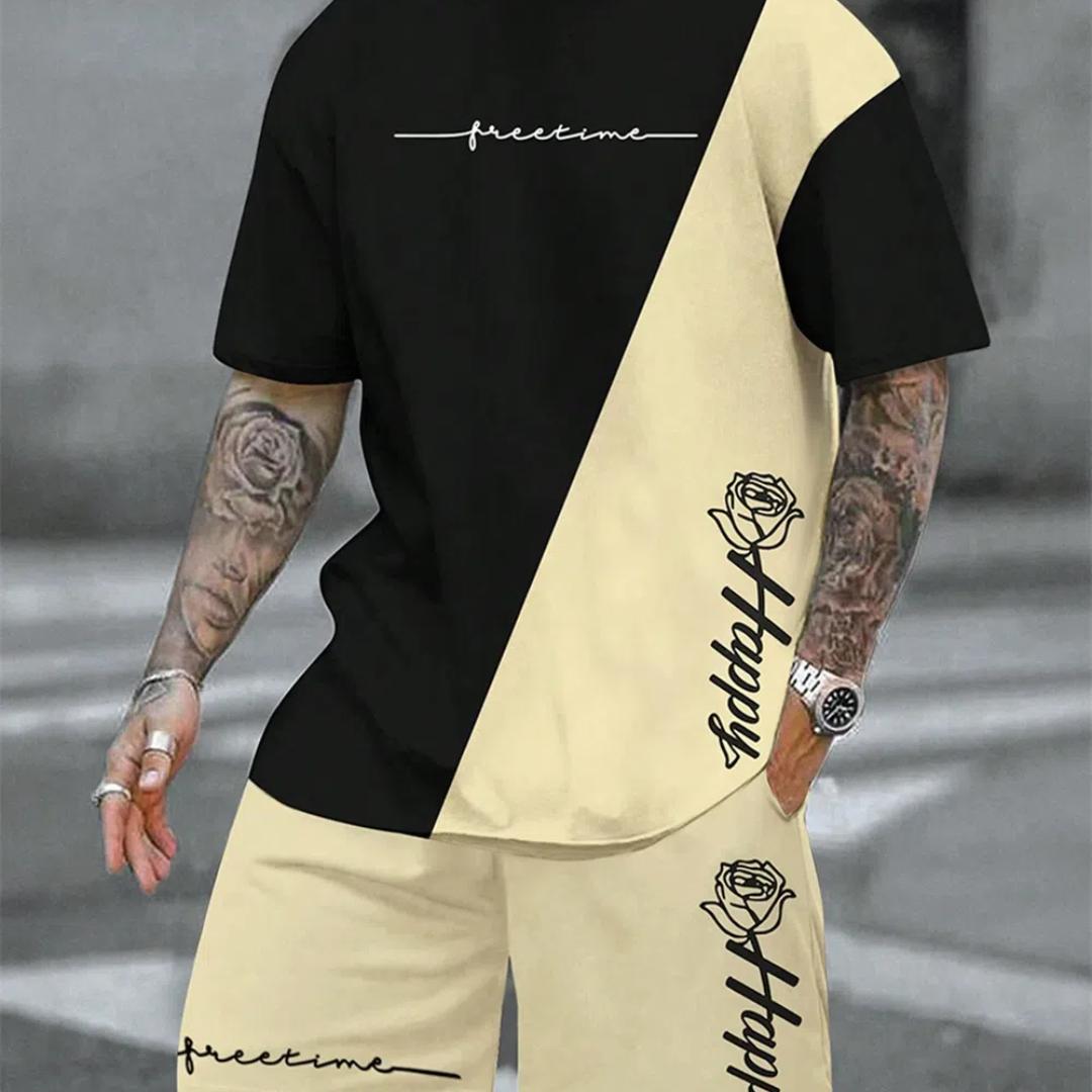 

Чоловічий літній костюм. Спортивна футболка з клаптиковим принтом. Повсякденний чоловічий літній костюм з короткими рукавами. Шорти в тон. 2XL