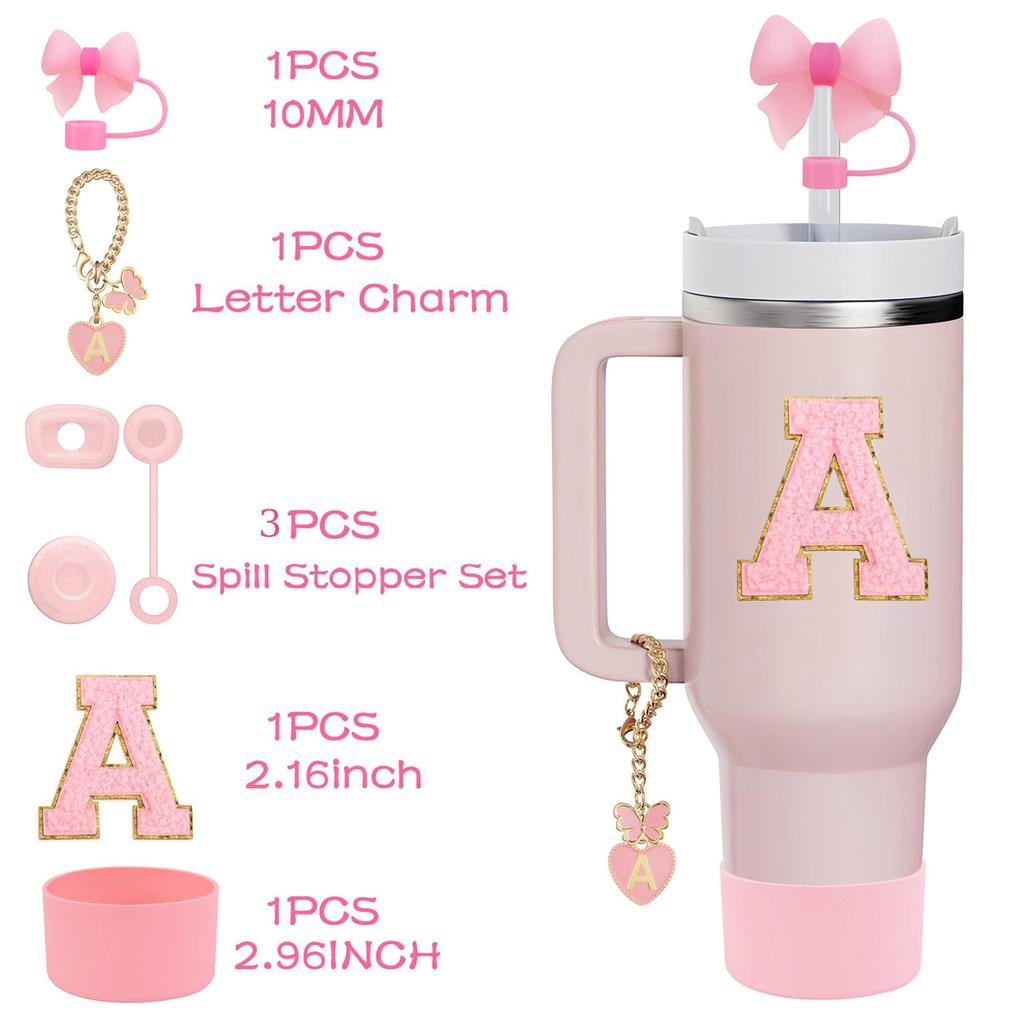 10PCS Accessories Set for Stanley Cup, 2 Straw and Brush and 1 Flower Charm Chain 3 Spill Proof Stopper Flowers Straw Cover Boot