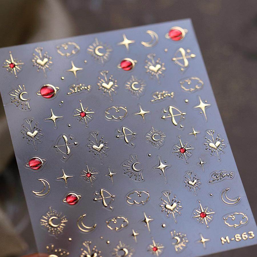 Totem Geometric Symbols Star Moon Nail Art Stickers 5D Gold-embossed Self Adhesive Nails Sticker Luxury Red Gemstone Nail Decals