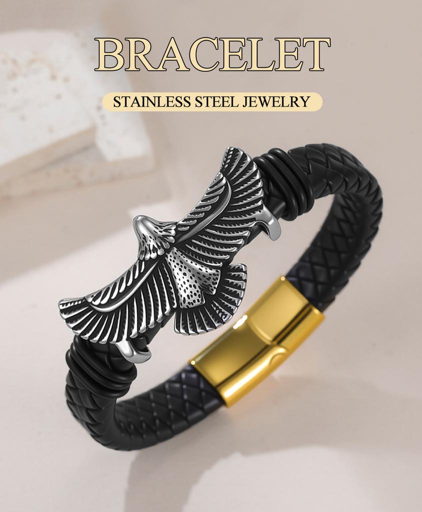 Dawapara Punk Flying Eagle Owl Bangle Bracelet 20cm Black Leather Wristband for Men Stainless Steel Jewelry