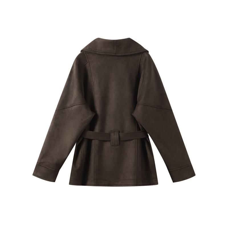 Dámská teplá semišová bunda tmavě hnědé barvy s klopami na šněrování, s dlouhým rukávem, na dojíždění, blejzr v retro britském stylu, temperamentní bunda, podzim 2025