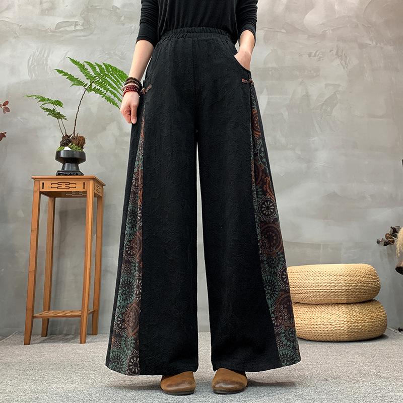 Women's Ethnic Retro Jacquard Wide-Leg Pants, Spring 2025 - Loose, Slimming, Frog Button Patchwork Culottes