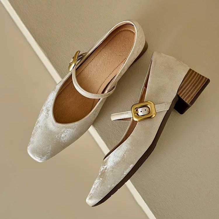 ins national style new Chinese style! French single shoes women's square head low heel ballet shoes retro one-word buckle Mary Jane shoes
