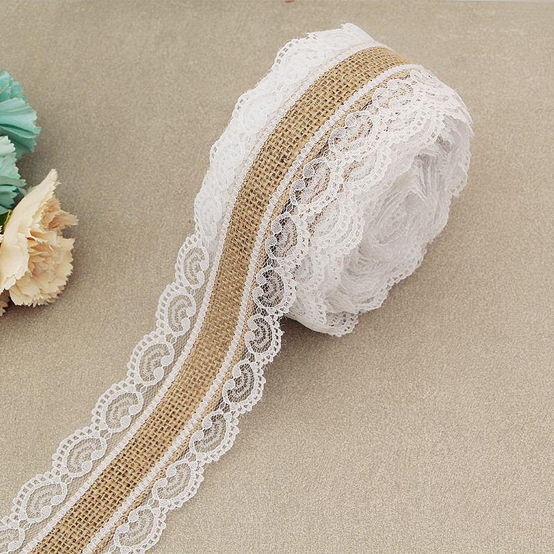 2Meter/Lot 25mm Natural Jute Burlap Hessian Lace Ribbon with White Lace Trim Edge Rustic Vintage Wedding Centerpieces Decor