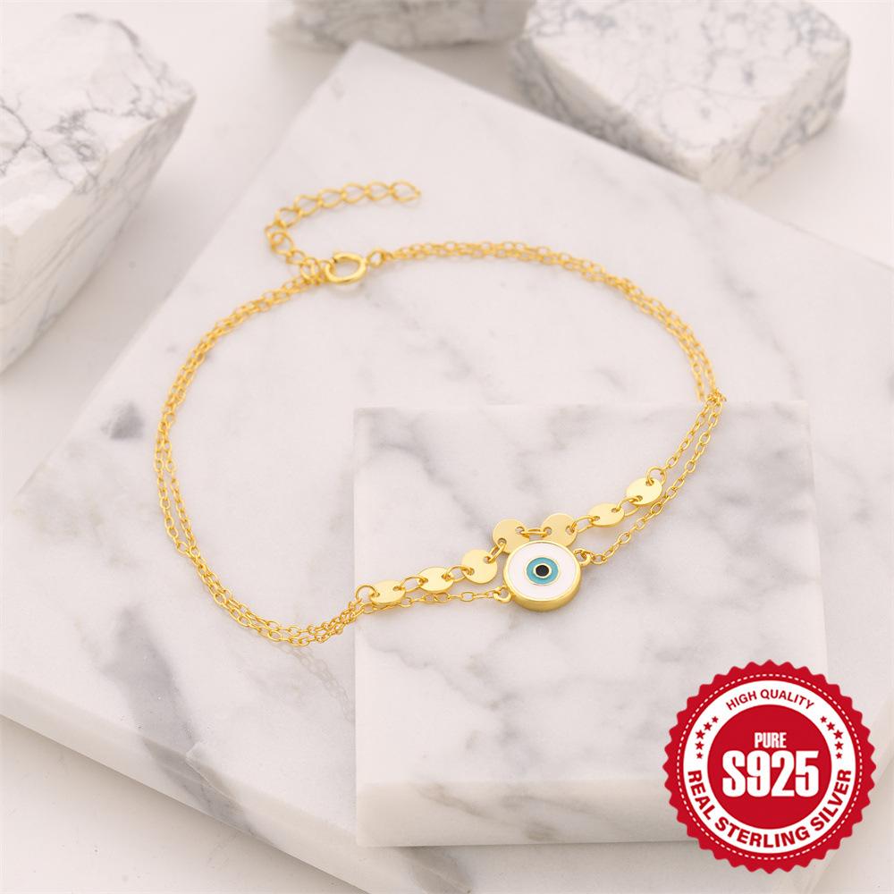 Stylish S925 Sterling Silver Personality Simple Eyes Demon'S Eye Drip Oil Double Layer Summer Beach Ladies Anklet