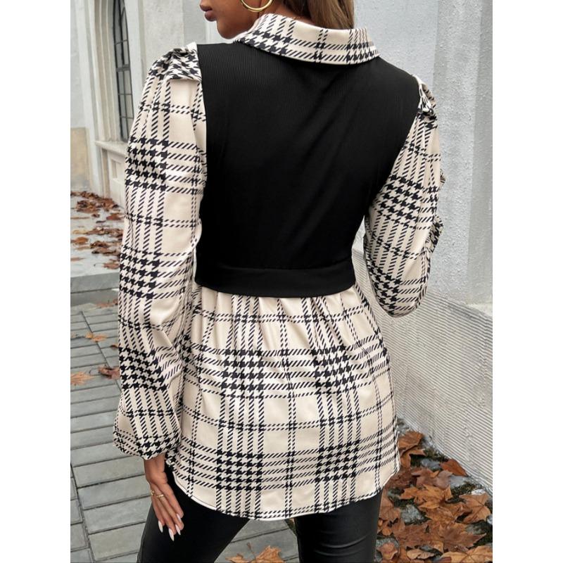 Women's Blouse Bubble Sleeve Temperament Casual Colorblocking Blouse