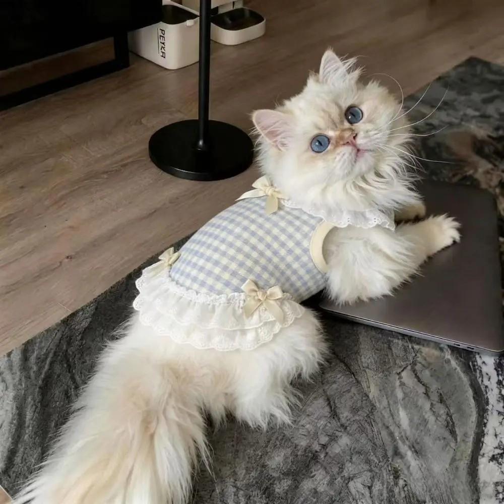 Breathable Pet Lace Skirt Bow Lace Design Cat Checkered Clothes Pet Dog Vest  Photo Shoot