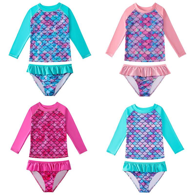 European & American Mermaid Girls' Split Skirt Swimsuit - Colorful Gradient Long Sleeve Swimwear